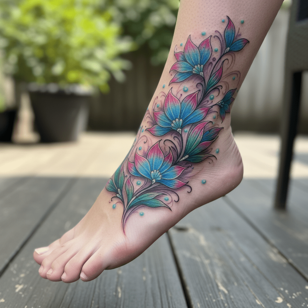 Esplendor del tatuaje de jardín bioluminiscente: simbiosis mágica de naturaleza y fantasía en el pie de una mujer