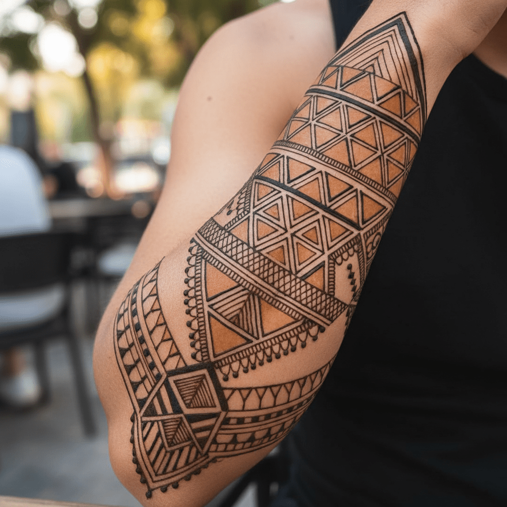Esthétique moderne de tatouage au henné pour hommes : éléments géométriques et tribaux traditionnels