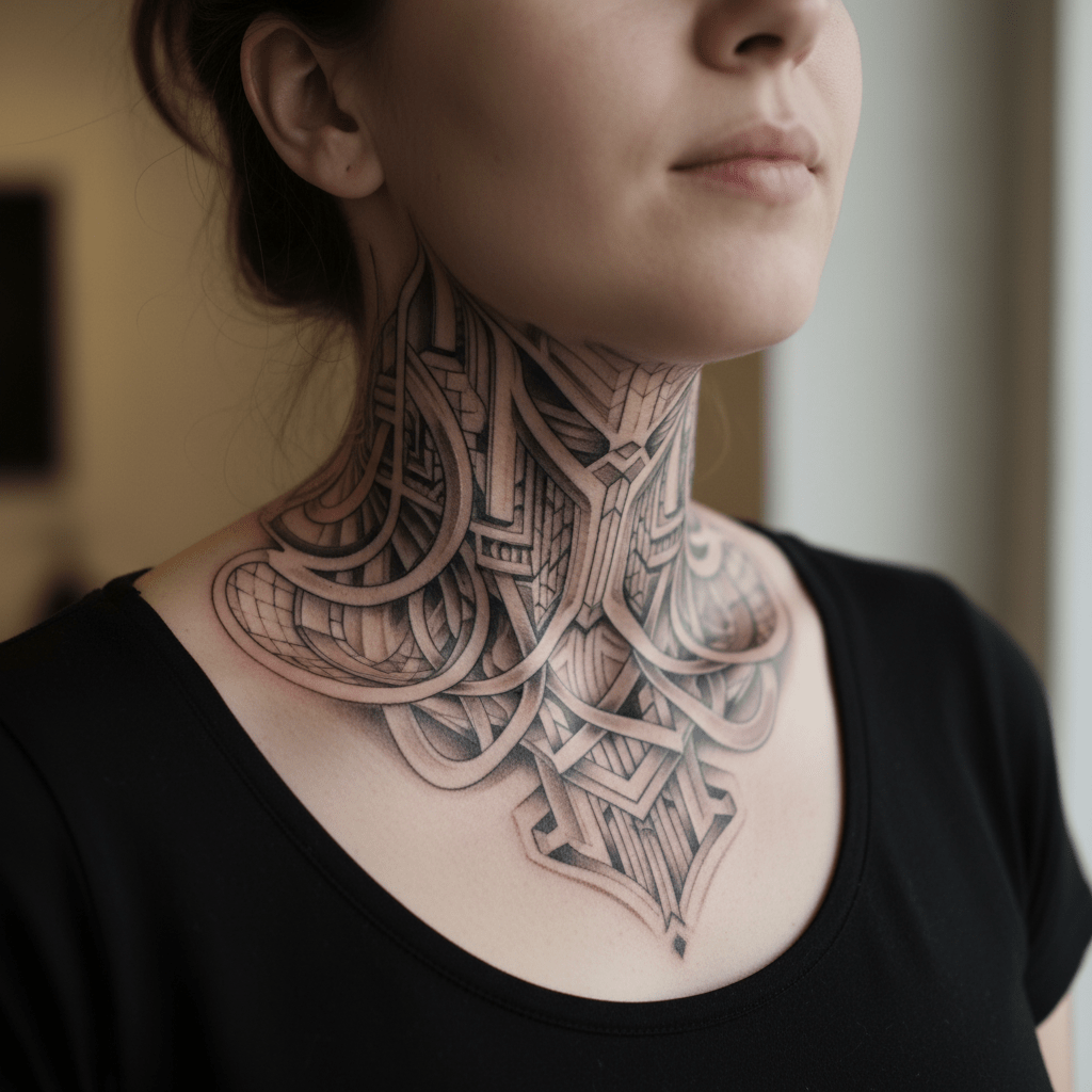 Fascinant tatouage 3D pour le cou : une symphonie unique de formes et d&rsquo;ombres