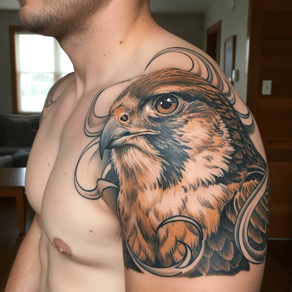 Fascinant tatouage de faucon : la force et l&rsquo;élégance de la nature sur l&rsquo;épaule d&rsquo;un homme