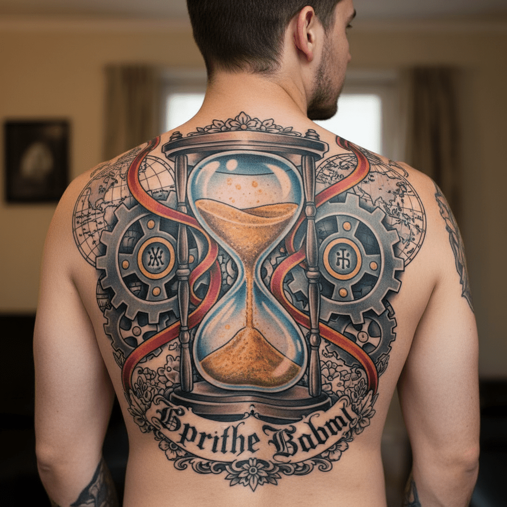 Faszinierendes Rücken-Tattoo: Meisterhafte Kombination aus Oldschool und Newschool Motiven