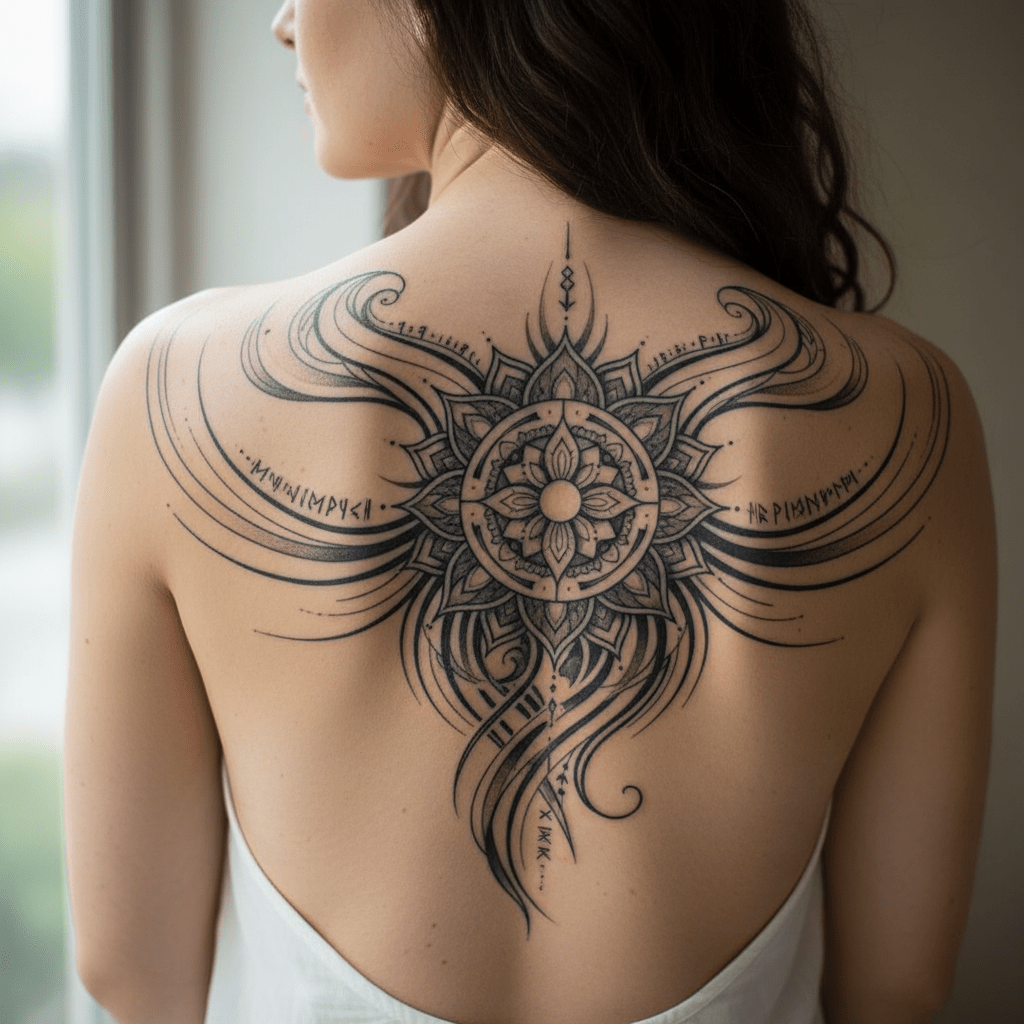 Feminine modern tribal tattoo art: strength and elegance on a woman’s back