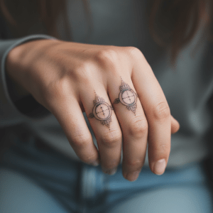 Fino tatuaje de dedo para mujer: Elegante red de arcos de luna creciente y motivos de estrellas