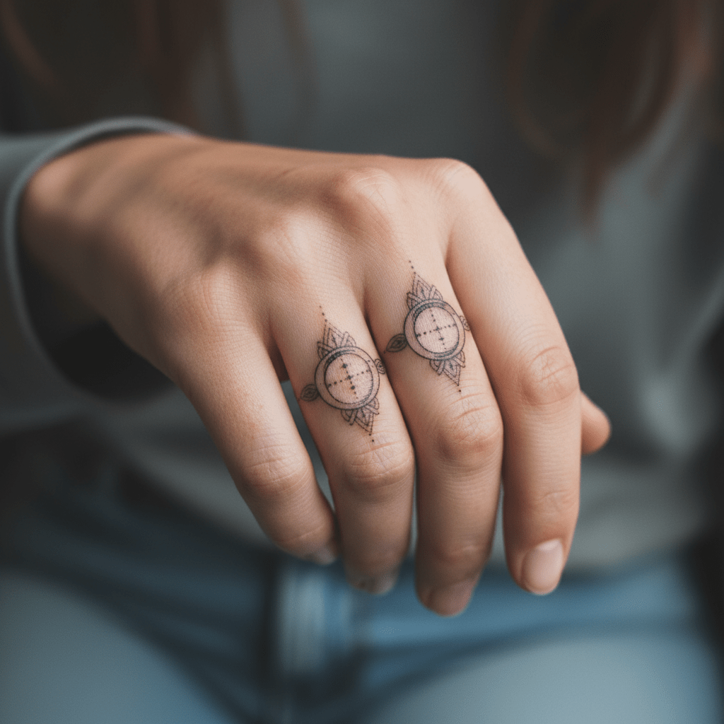 Fino tatuaje de dedo para mujer: Elegante red de arcos de luna creciente y motivos de estrellas