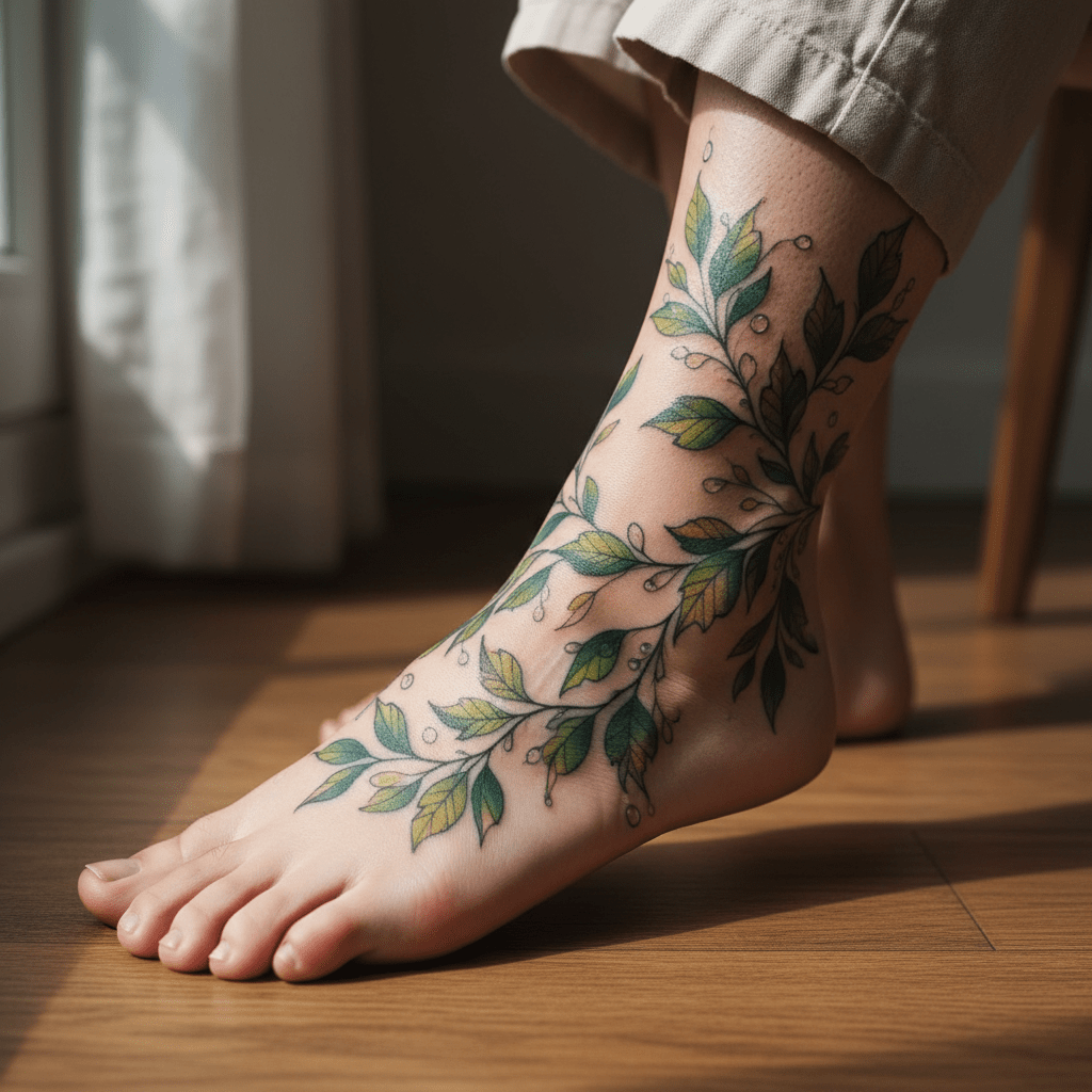 Flora tatuaje de elegancia y misticismo: arte natural intemporal en el pie