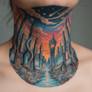 Aventure urbaine futuriste : l&rsquo;univers de la BD en tatouage sur le cou