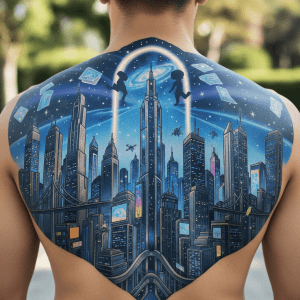 Futuristic city panorama: Breathtaking back tattoo with a cosmic glow