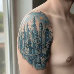 Futuristic comic city: fantasy world as a shoulder tattoo
