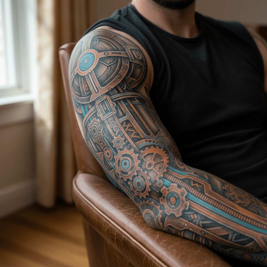 Futuristic mechanical labyrinth: masculine cover-up tattoo for men’s arms
