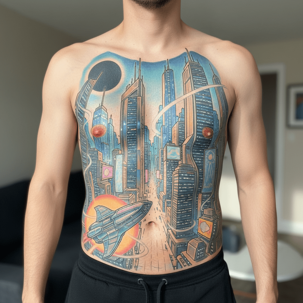 Futuristic science fiction tattoo design: a journey into the urban vision of the future on your skin
