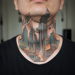 Futuristische Comic-Stadtlandschaft: Harmonisches Hals-Tattoo im Retro-Stil