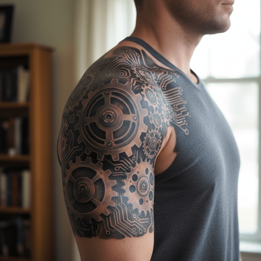 Futuristisches 3D-Schultertattoo: Dynamische Zahnräder und Schaltkreise in Perfektion