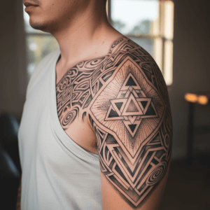 Geometric line labyrinth: harmonious shoulder tattoo with triangular pattern and light accents