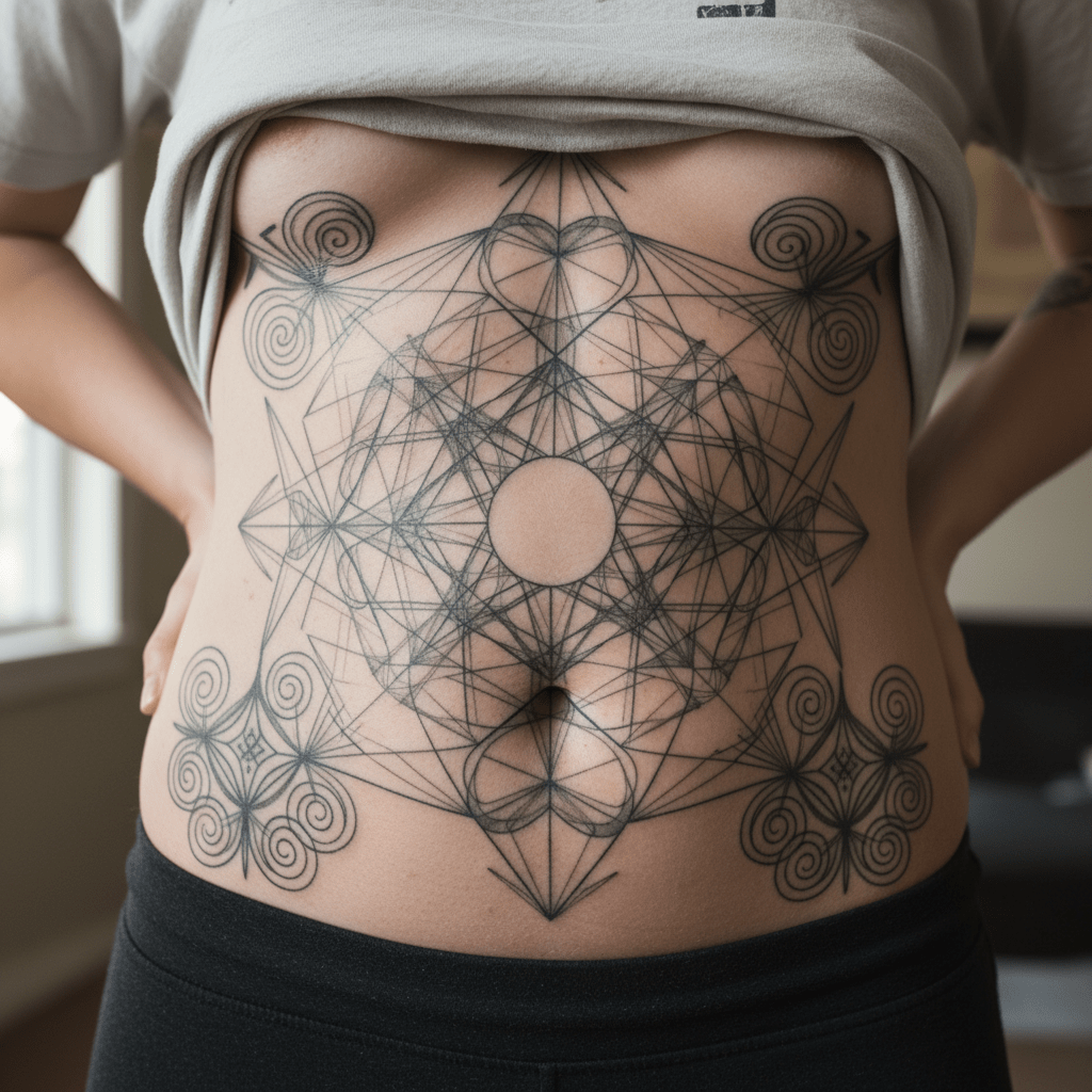 Geometric tattoos for the stomach: fascinating labyrinths and harmonious shapes