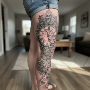 Gothic clock of transience on the leg: a tattoo of time and melancholy