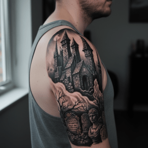 Gothic nightmare castle: surreal shoulder art in the moonlight