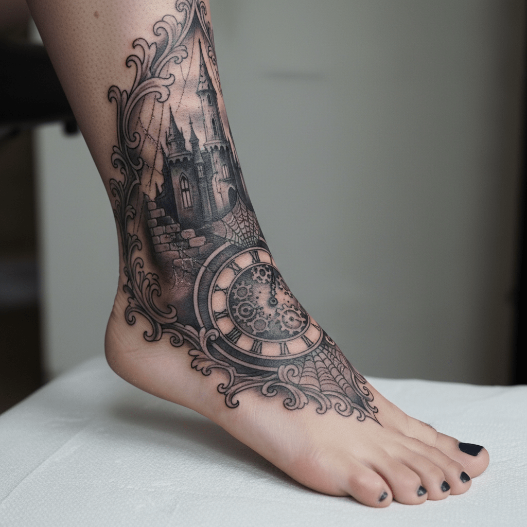 Gothic foot tattoo: Fascinating shadow play and dark elegance