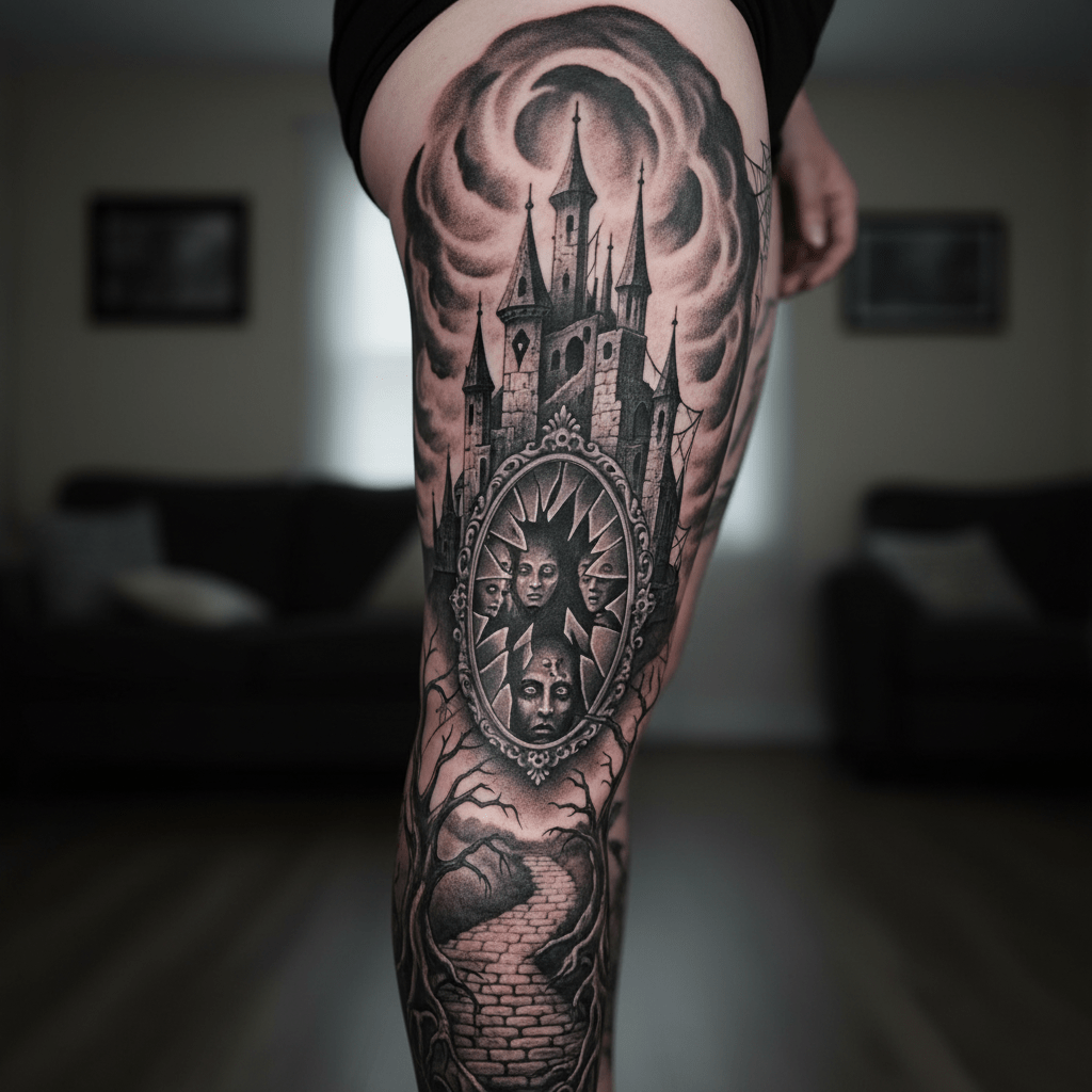 Gotisches Schlosstattoo: Elegante Horrormotive für das Bein einer Frau