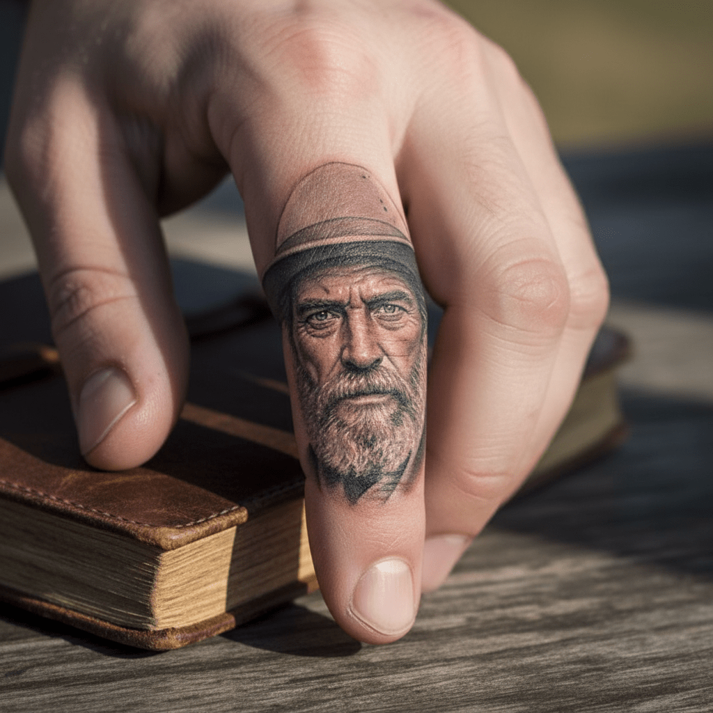 Historical explorer portrait as a realistic tattoo for the finger