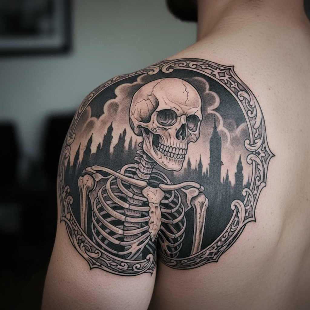 Horror-Tattoo mit Skelett auf der Schulter: Kunstvolle Eleganz und düstere Ästhetik vereint