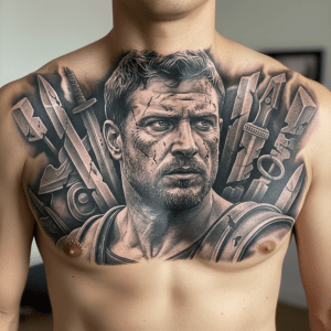 Impressive gladiator tattoo: strength and history on the chest