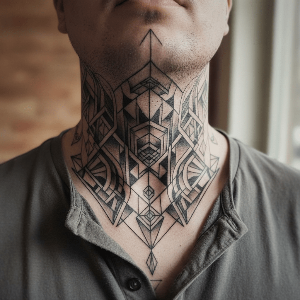 Innovative neck tattoo design: complexity and structure for men