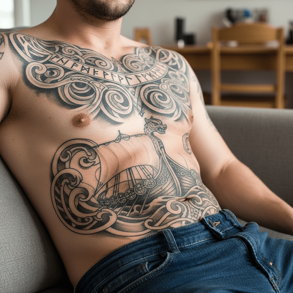 Keltisch-Wikinger Bauch-Tattoo: Kraftvolle Symbiose aus Kunst und Abenteuergeist