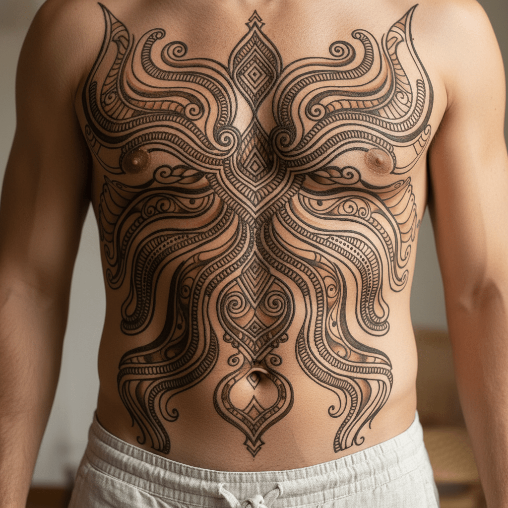 Kraftvolles Henna-Tattoo für Männer: Stärke und Eleganz als zeitloses Bauchdesign