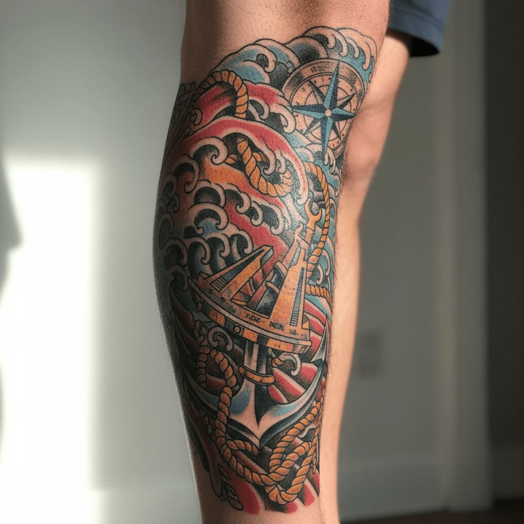 La vieja escuela se une a la nueva: fascinante tatuaje en la pierna con motivos náuticos