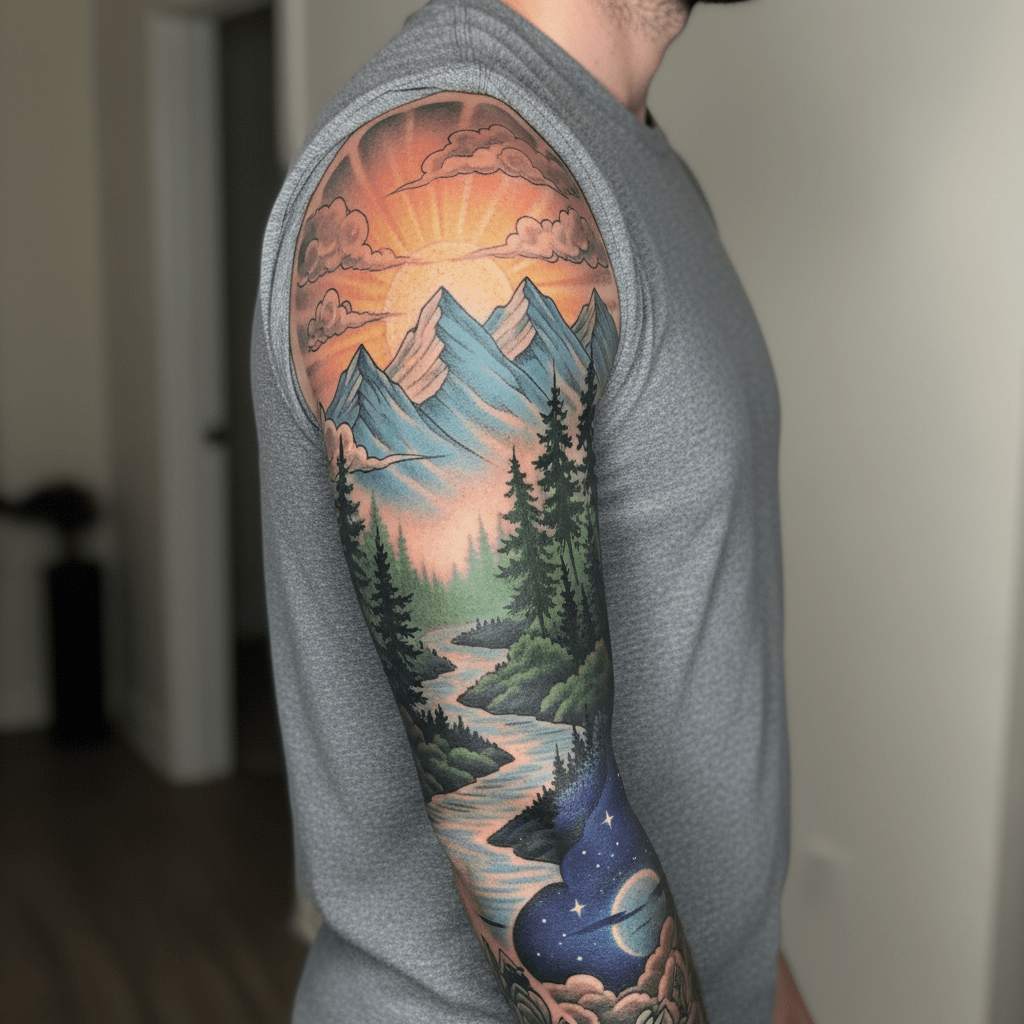 Licht und Schatten: Eine Reise vom Sonnenaufgang bis zur Mitternacht im Tattoosleeve