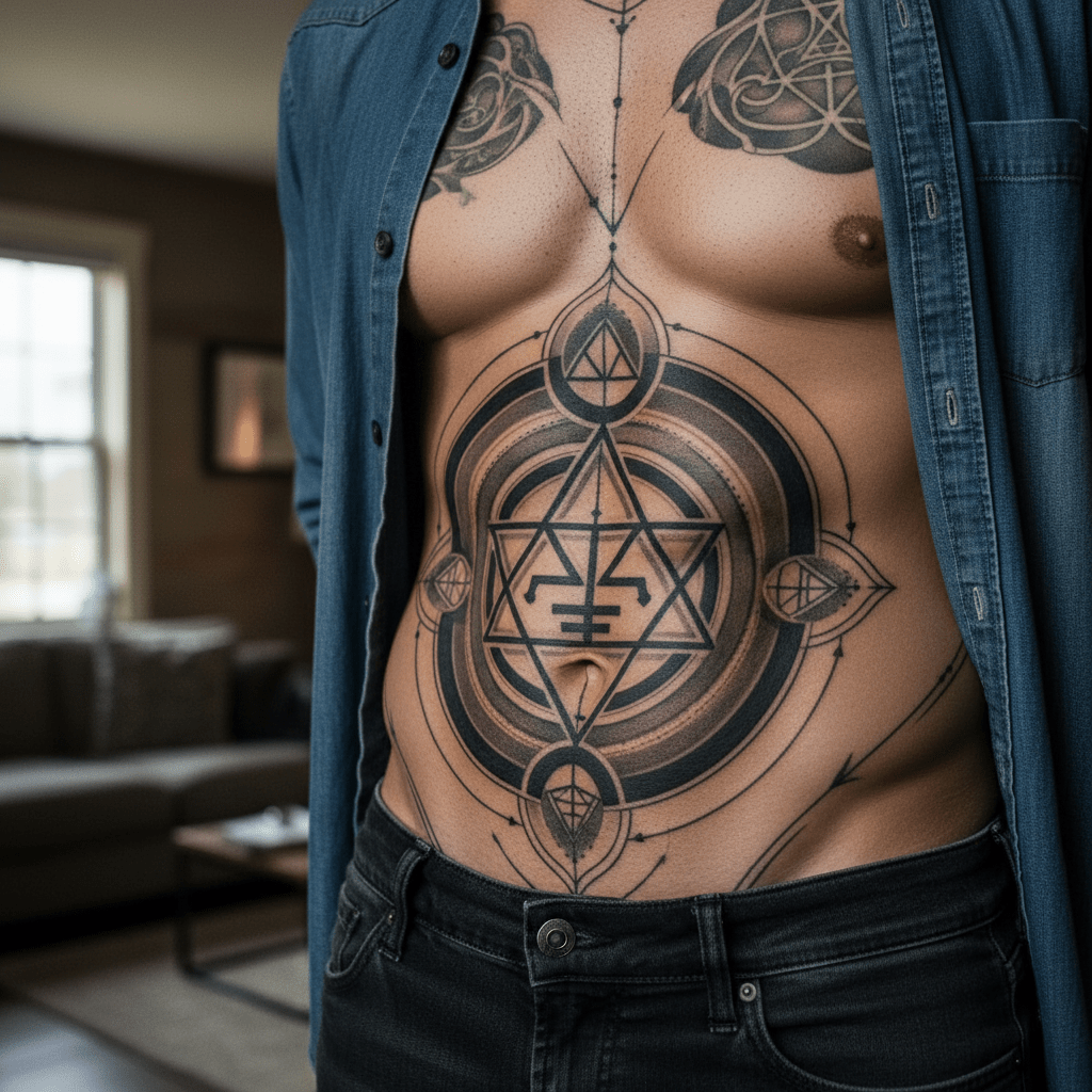 Majestätisches Bauch-Tattoo: Symbiose aus Alchemie und modernem Design