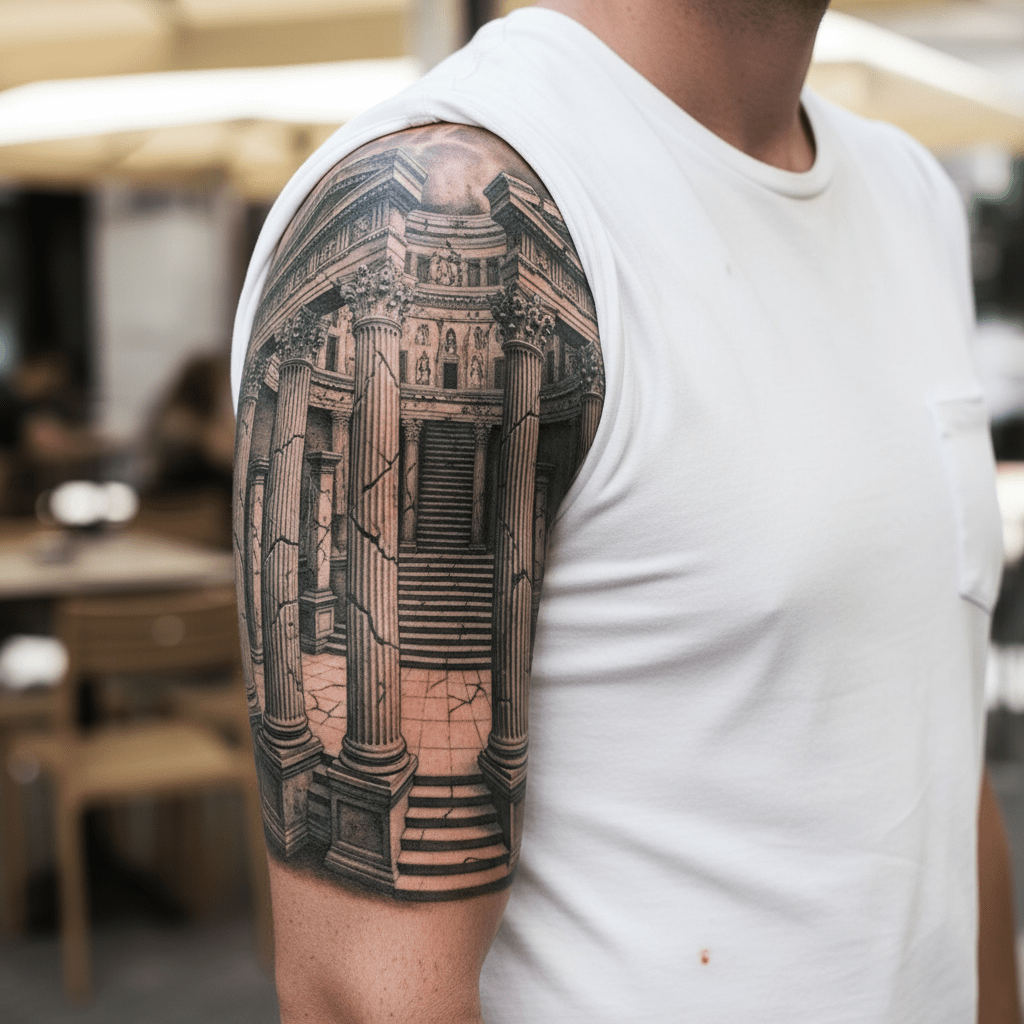 Majestic 3D antique theater tattoo for men on the shoulder