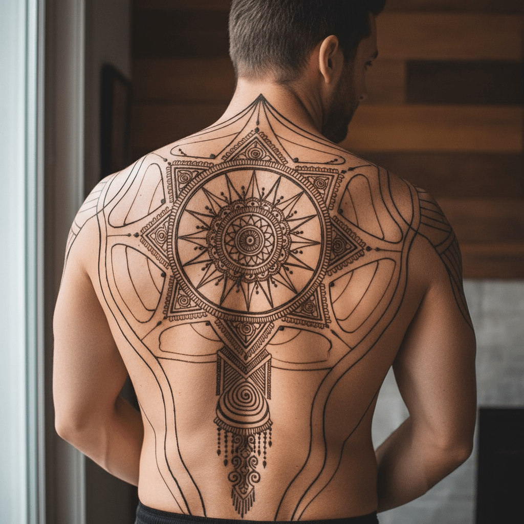 Majestic henna tattoo art: strength and renewal for men’s backs