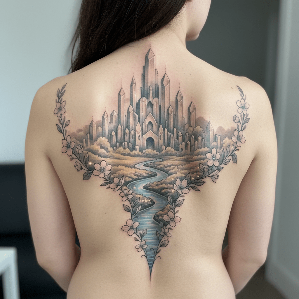 Majestic landscape tattoo as an elegant cover-up on a woman’s back