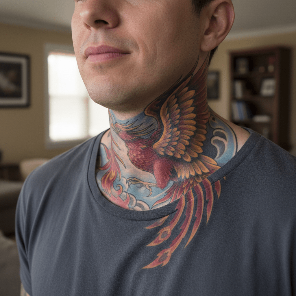 Majestic phoenix: powerful animal tattoo motif for men’s necks