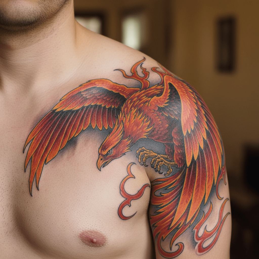 Majestic phoenix tattoo for men shoulder: Unique tattoo template and motif