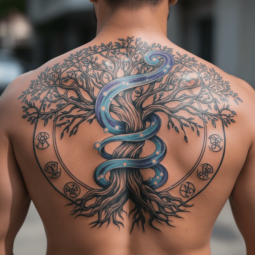 Majestic tree of life tattoo: strength and mystery on a man’s back