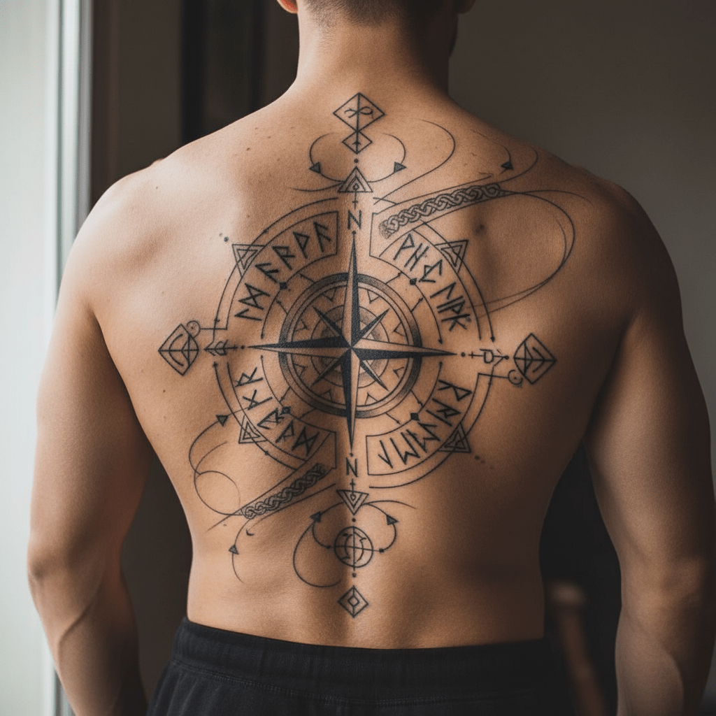 Majestuoso tatuaje de brújula en la espalda para hombre: fuerte simbolismo y sed de aventura