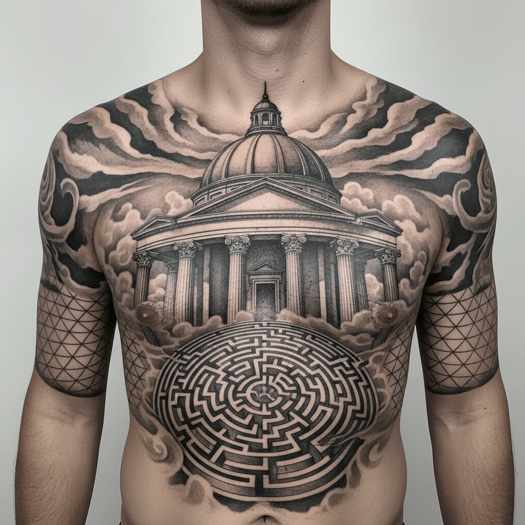 Majestuoso tatuaje en el pecho y en la parte superior del cuerpo: la arquitectura se une al arte abstracto