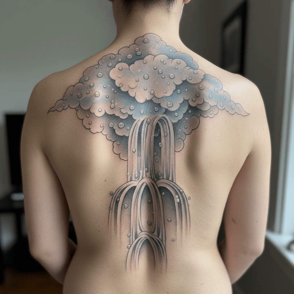 Majestuoso tatuaje en la espalda: elegantes nubes y cascada como motivo inspirador del tatuaje