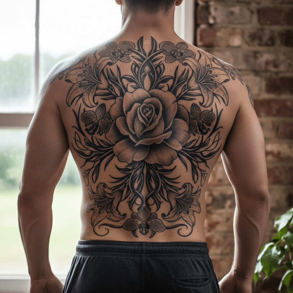 Majestuoso tatuaje floral en la espalda para hombre: fuerza y elegancia combinadas