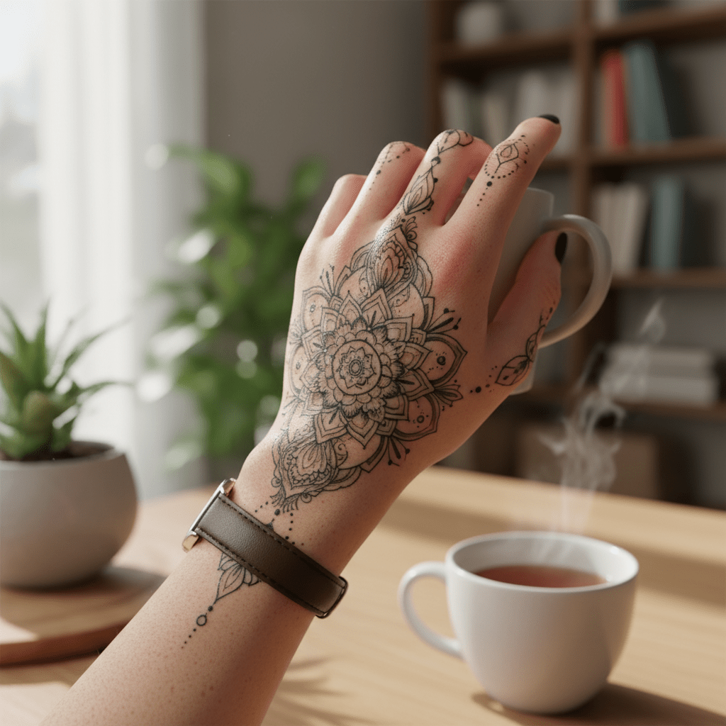 Mandala-inspiriertes Chakra-Handtattoo für Frauen: Eleganz und Spiritualität vereint