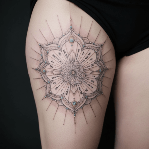 Mandala sundial tattoo: elegance and mysticism on the leg