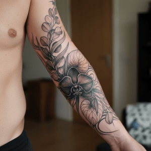 Masculine floral tattoo design: eucalyptus and black orchid in harmony