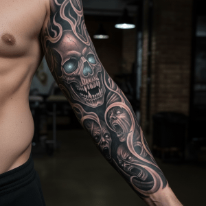 Masculine horror arm tattoo: dark shadows & grinning skull
