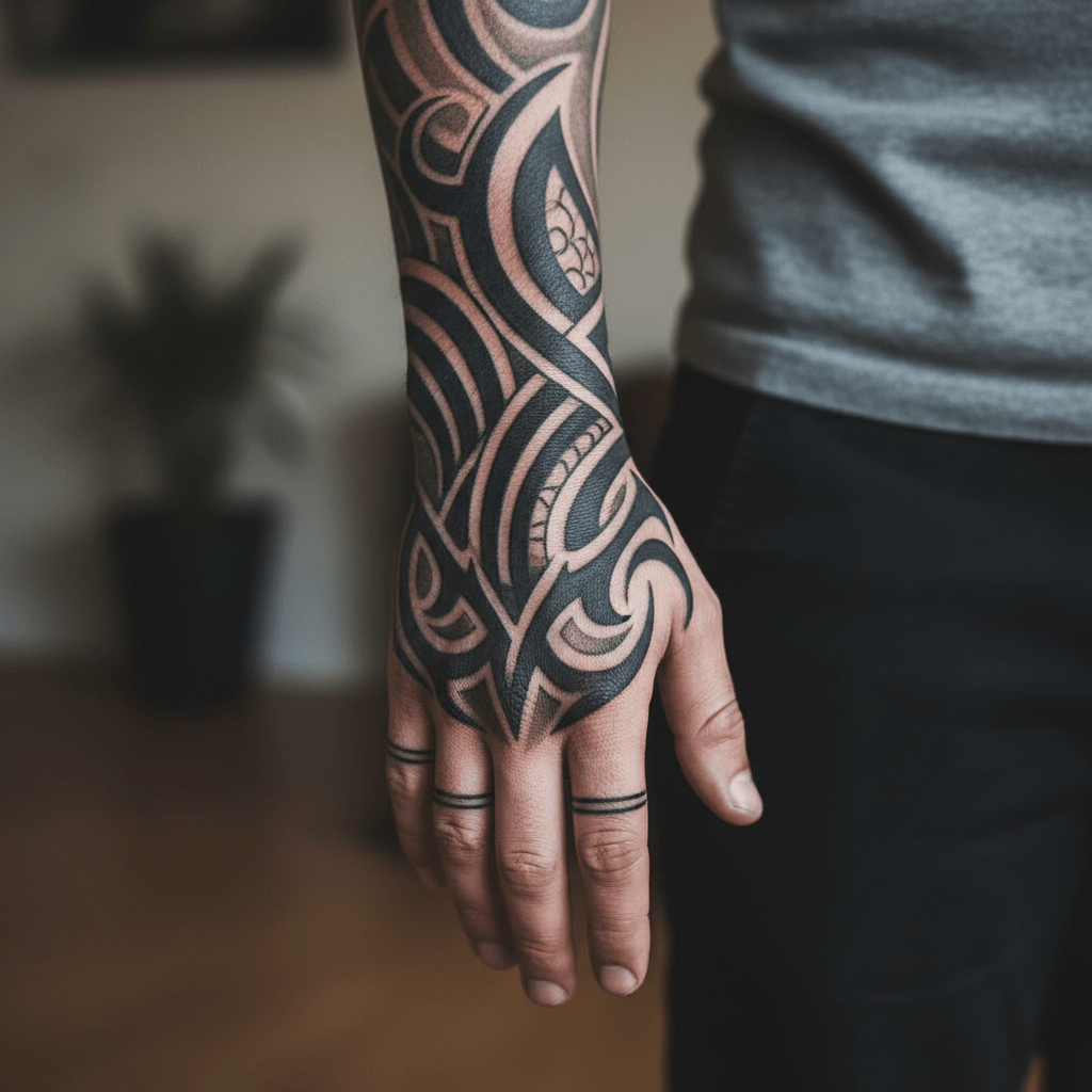 Masculine tribal tattoo for the hand: artistic design with 3D effect and modern twist