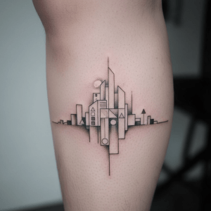 Paisaje urbano minimalista como tatuaje en la pantorrilla