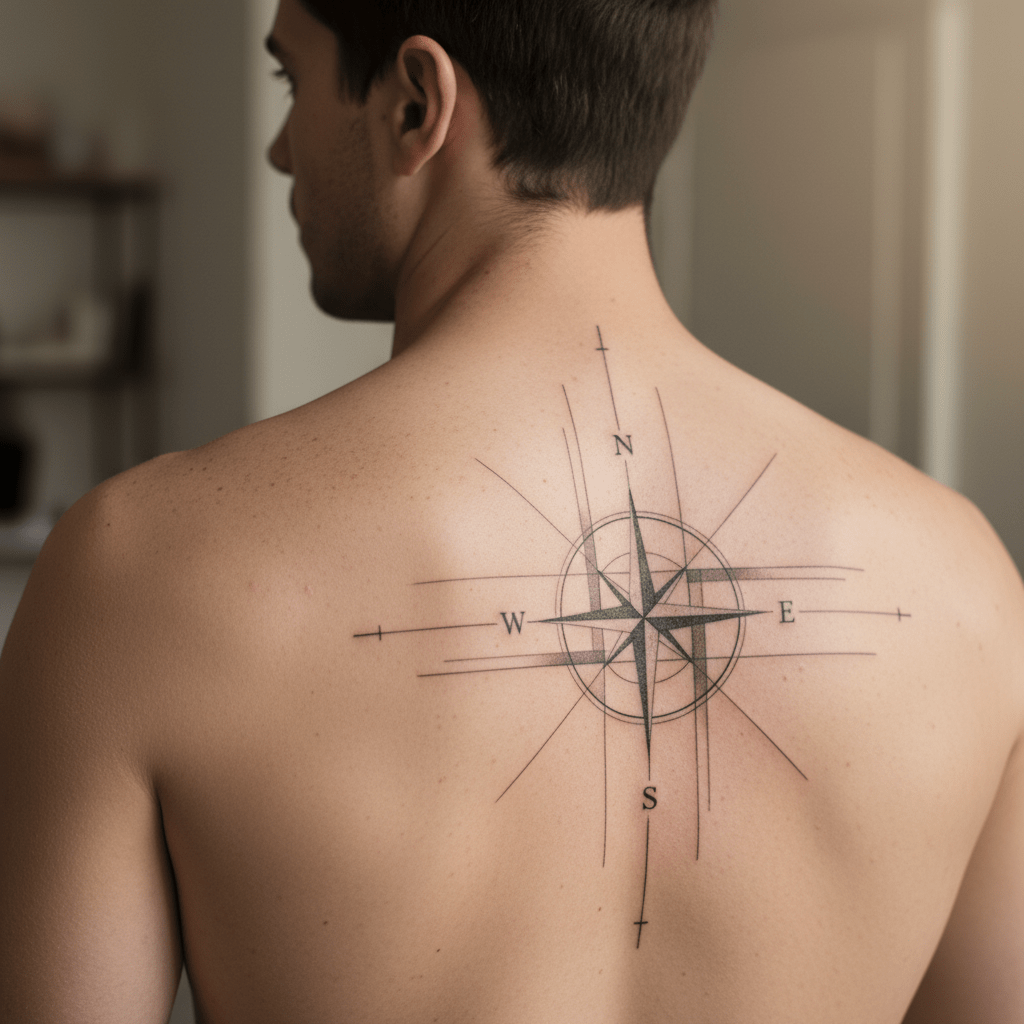 Minimalistisches Kompass-Tattoo: Stärke und Orientierung auf dem Rücken eines Mannes