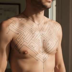 Minimalistisches Labyrinth: Elegantes Brusttattoo mit geometrischem Charme