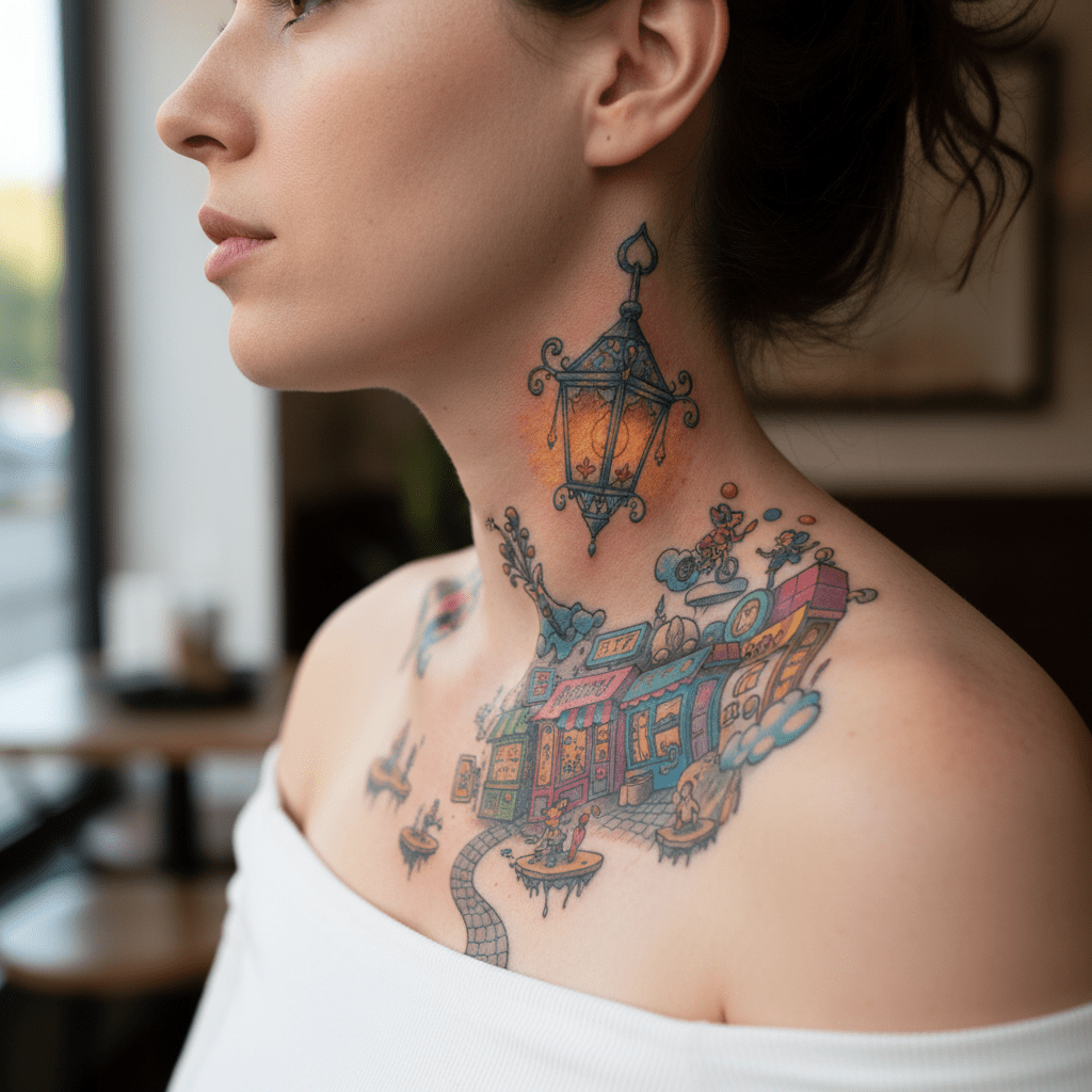Modèle de tatouage de bande dessinée : scène de rue fantaisiste sur le cou d&rsquo;une femme